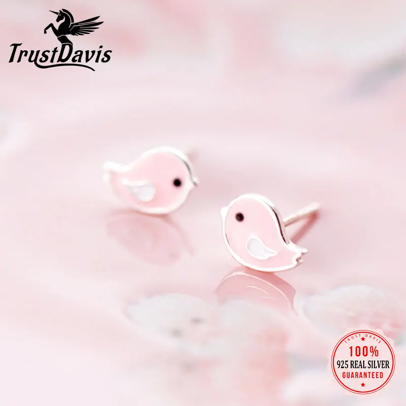 TrustDavis Real 925 Sterling Silver Earring Pink Glaze Birds Stud Earrings For Women School Party 925 Silver Jewelry Gift DS616