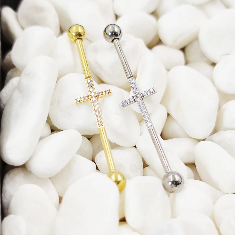 G23 Titanium Ear Bone Nail 38mm Two Ear Holes Connected Piercing Jewelry Zircon Cross Ear Nail Ear Bridge Rod