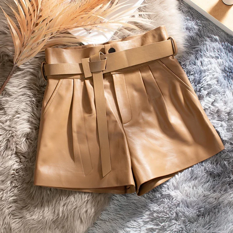 Genuine Leather Shorts for Women 2024 Real Sheepskin shorts Loose Wide Leg Short High Waist Shorts Women Clothing ropa mujer