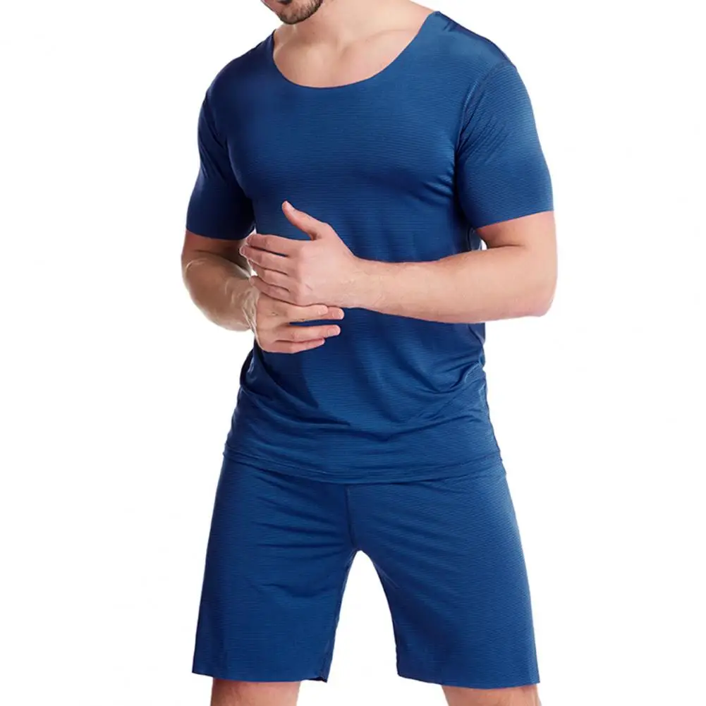 2 Pcs/Set Men's Pajamas Sets Solid Color O Neck Short Sleeve Elastic Summer Men Underwear for Sleeping