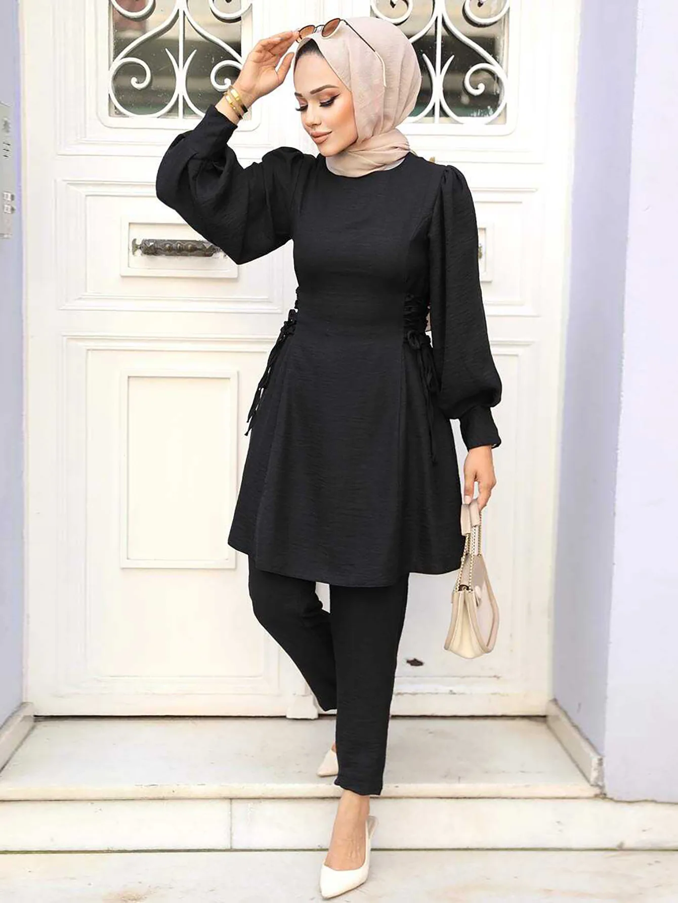 Muslim Fashion Sets Middle East Arabic Women Solid Color Top and Pant Set Muslim Modest Adjustable Long Sleeves Casual Suit