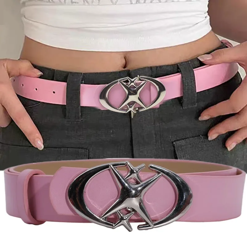 Punk Moon Star Buckle Belts Women Design Cross Metal Vintage Gothic Y2K Belt Pu Leather Waistband Jeans Pants Decorative Belt