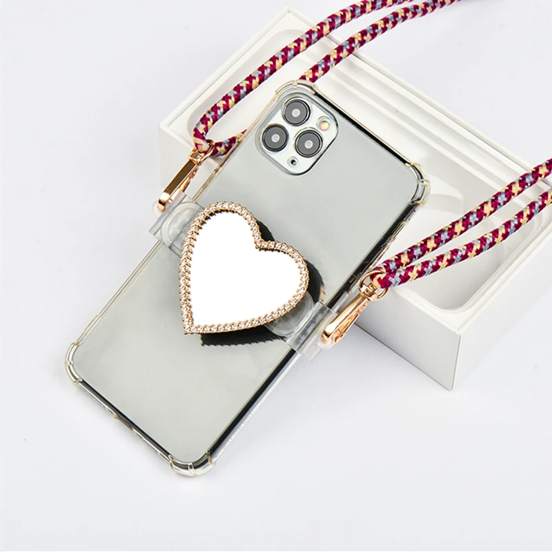 heart shaped mirror Phone Lanyard Strap Mobile Phone Hanging Rope Neck Straps Anti-lost Lanyards Cell Adjustable  Phone Accesso