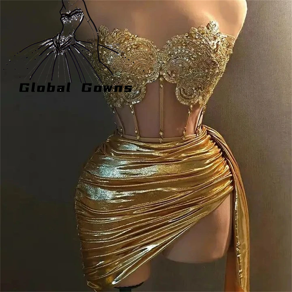 Gold Two Pieces Sweetheart Short Prom Dress For Black Girl Birthday Party Gown Rhinestone Beaded Appliques Cocktail Customized