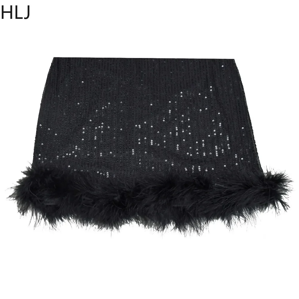 HLJ Fashion Sequin Feather Splicing Spaghetti Strap Mini Dress Women Sleeveless Backless Slim Party Club Vestidos Sexy Clothing