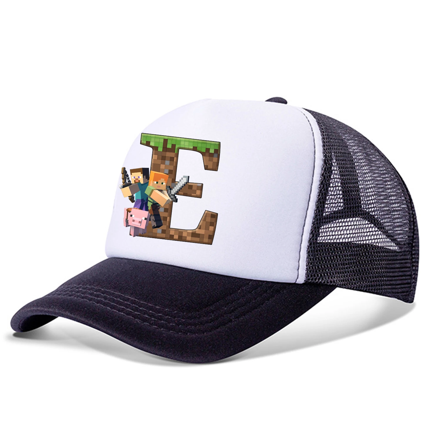 جديد بكسل لعبة بلغت ذروتها قبعة الكرتون A-Z رسالة قبعات البيسبول السوداء موضة الصيف تنفس قبعة من القماش الشبكي الوالدين والطفل القبعات Peacoat
