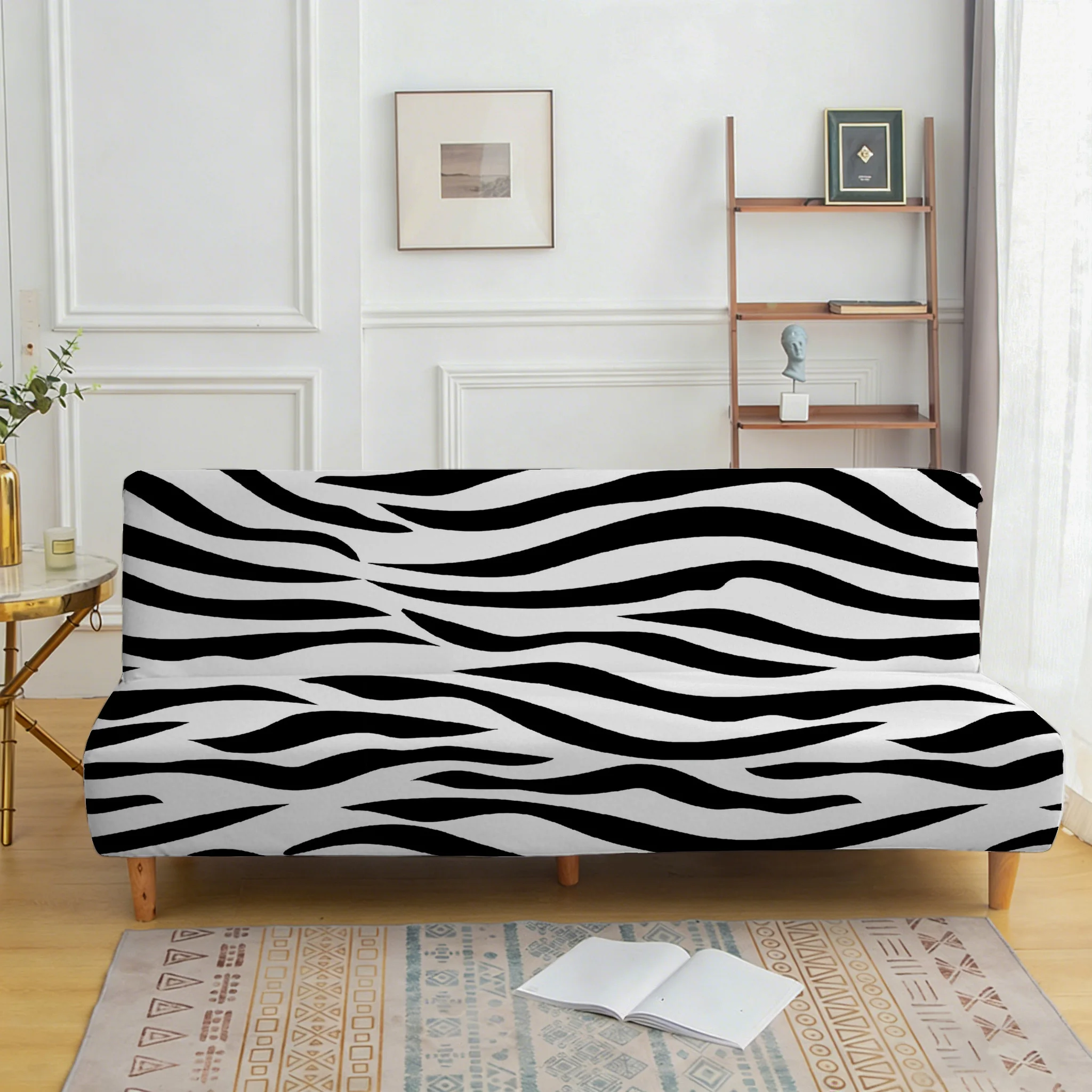 All-inclusive elastic non-slip sofa bed cover, black and white zebra pattern sofa bedspread, easy installation, machine washable