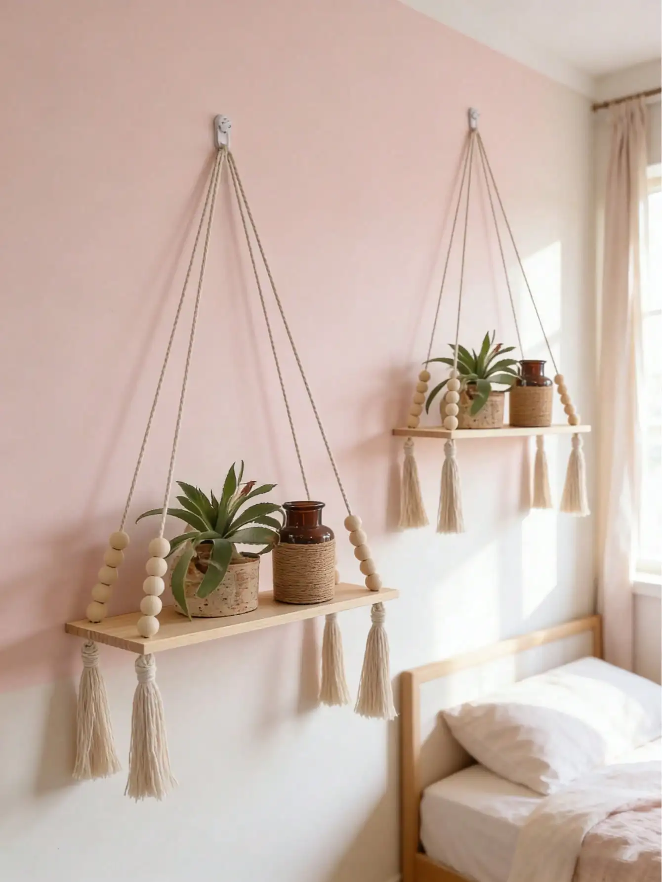 Macrame Hanging Shelf Light Wood Rope Wall Mounted Storage Rack Boho Plant Hanger For Living Room Bedroom Bathroom Kitchen