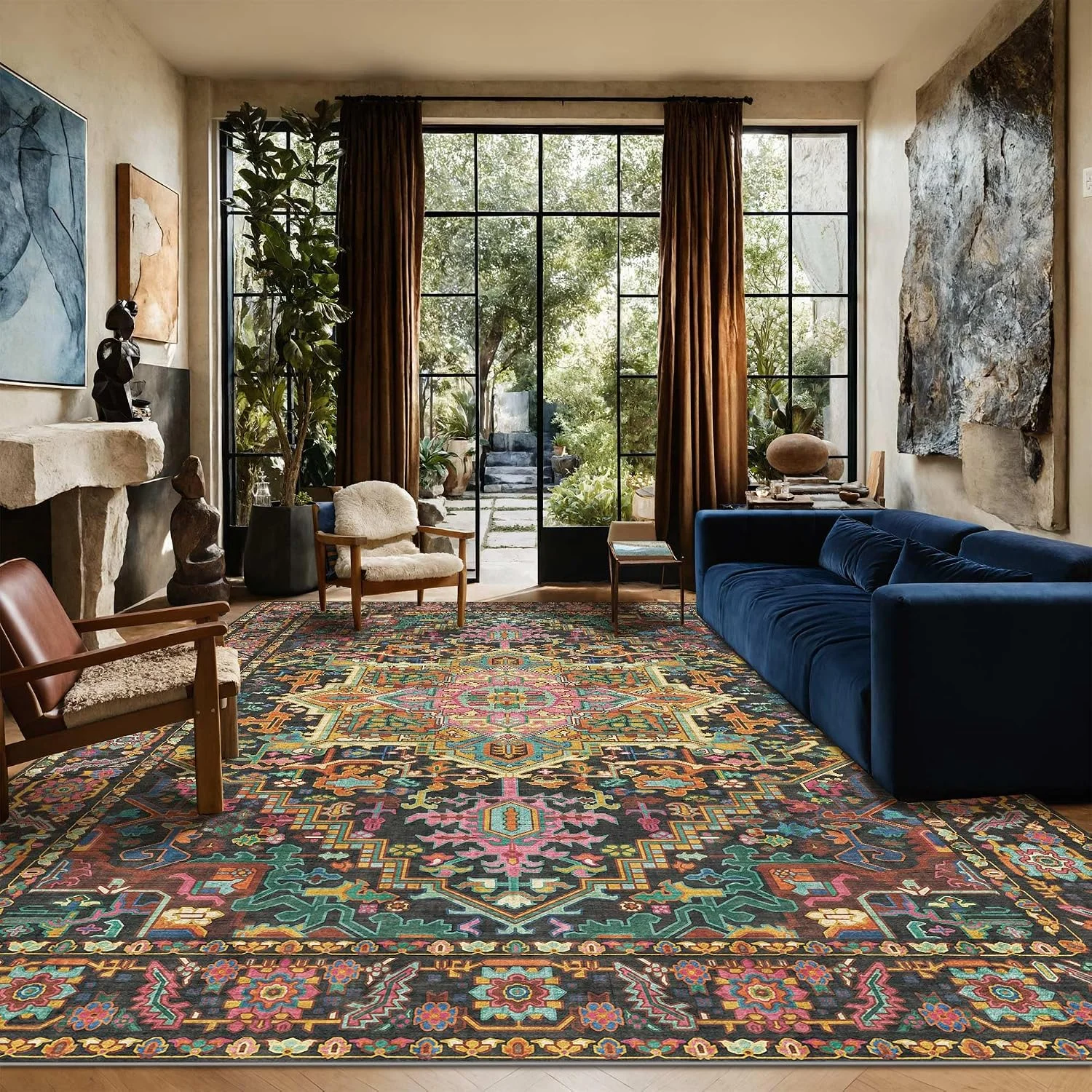 Extra Large 9x12 Black Pink Vintage Boho Area Rug Non Slip Low Pile Distressed Medallion Indoor Carpet for Living Room Bedroom