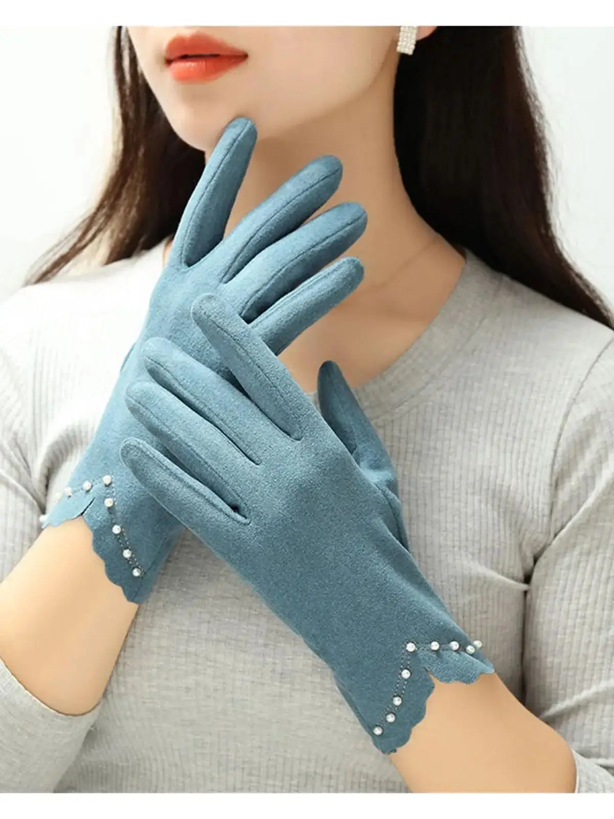 AliExpress Women Thin Gloves Windproof Touch Screen Driving Pearl Decor Elegant Gloves Cold-proof Fashion Outdoor Warm Cycling Mittens