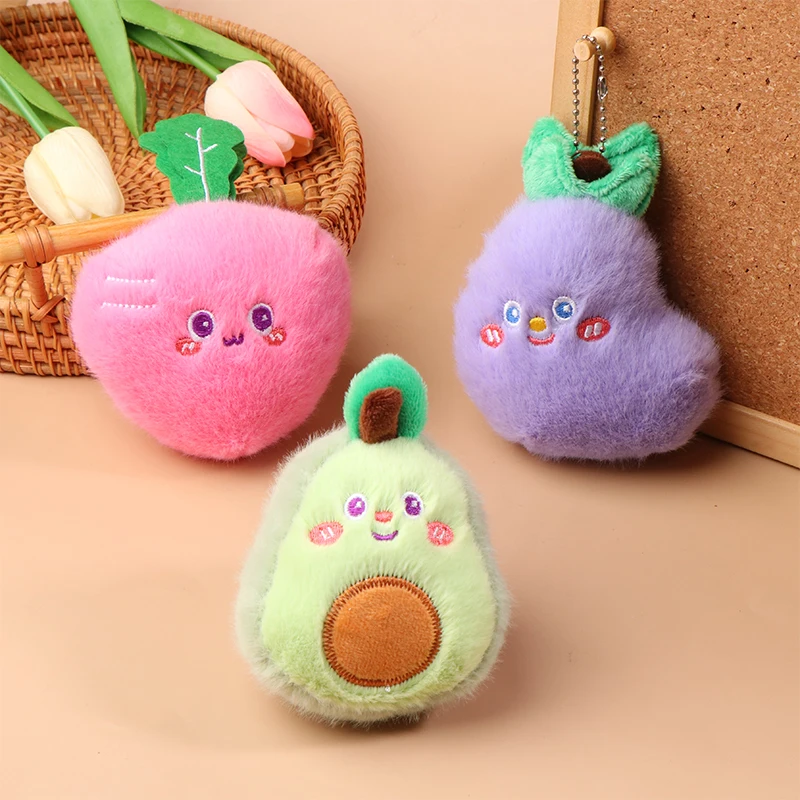 Cartoon Kiwi Fruit Plush Toy Keychain Radish Eggplant Pumpkin Vegetable Soft Stuffed Doll Pendant Car Key Ring Bag Decor