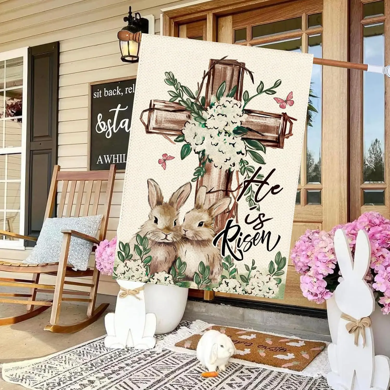 Easter He Is Risen Bunnies House Flag 28 x 40 Inch Double Sided, Spring Cross Hydrangeas Flowers Burlap Large Yard Garden Fl ZZM