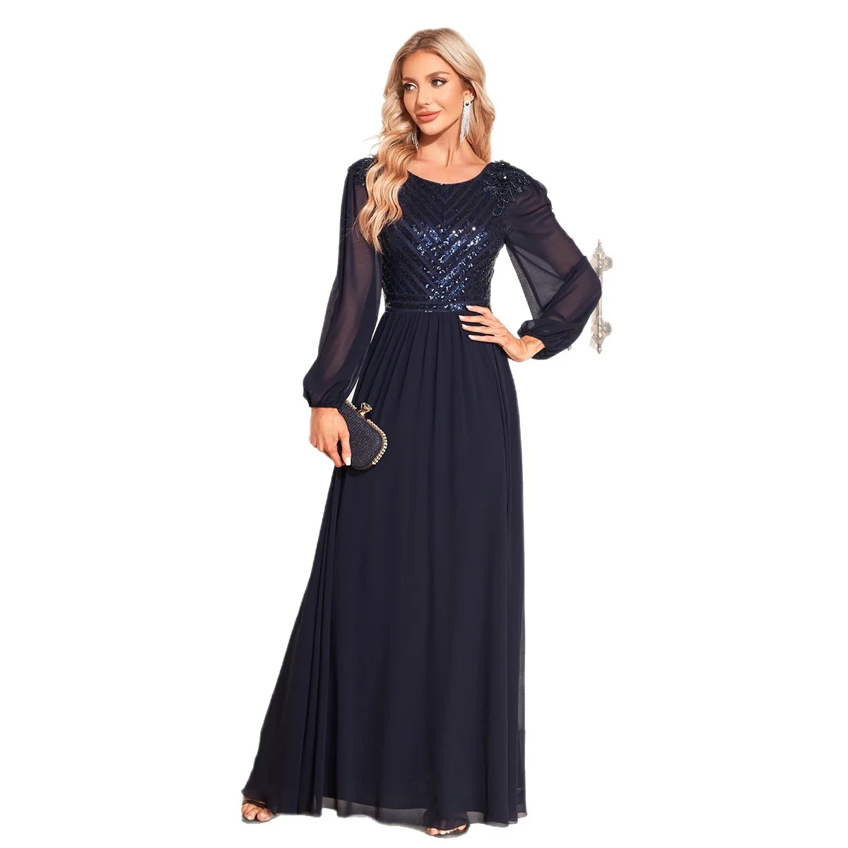 Gaun Malam Wanita Elegan Bahan Sifon Kerah Bulat Lengan Panjang Berhias Payet Model Bodice Panjang Menyentuh Lantai untuk Pesta Prom