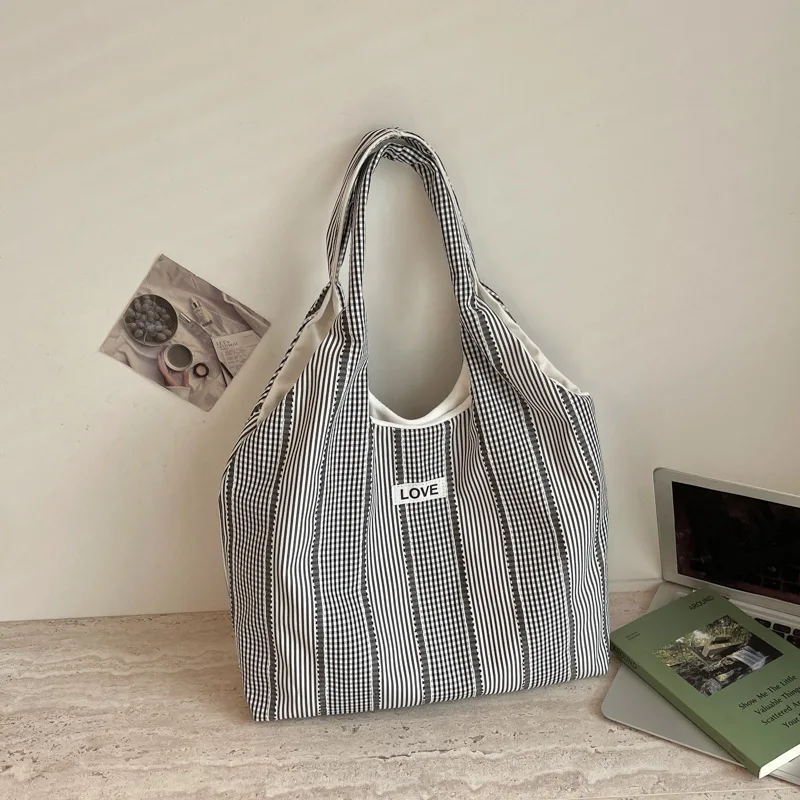 Women's Lightweight Canvas Shoulder Bag with Checkered Pattern and LOVE Patch Large Capacity Tote for School Travel