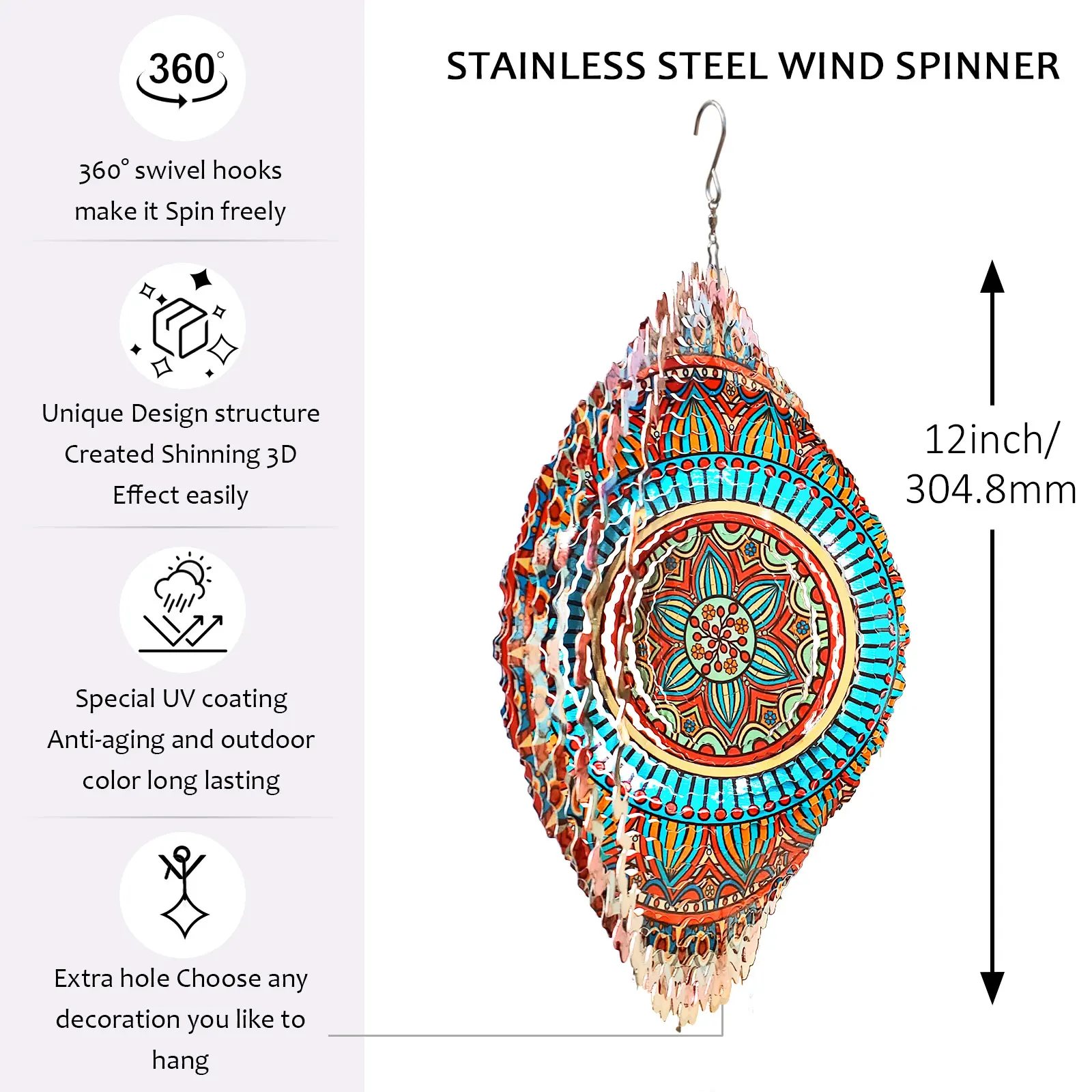 THEYUFA 12in 3D Mandala Rich Love Wind Spinner Stainless Steel Laser Cut Hanging Sculpture Garden Yard Christmas Decorations