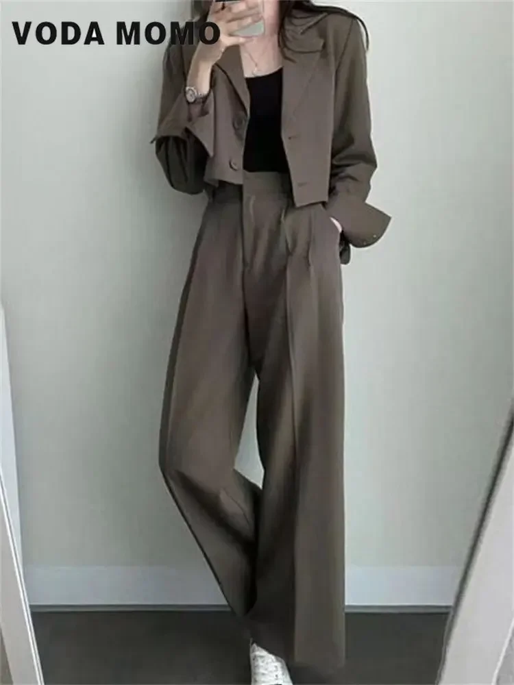 Spring Korean Casual Elegant Suits Blazer Jacket Wide Leg Trousers High Waist Pants Suits Female 2 Piece Sets Crop Top Coats