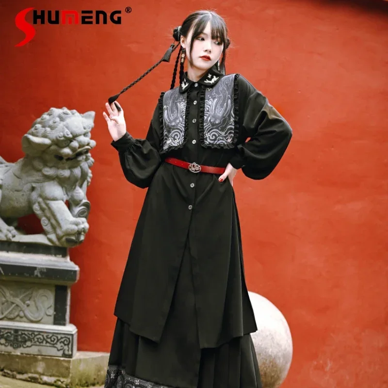 2023 Autumn New Shirt Chinese Style Long Blouse Coat Retro Black Embroidery Top Lantern Sleeve Shirts Ladies Blusas Streetwear