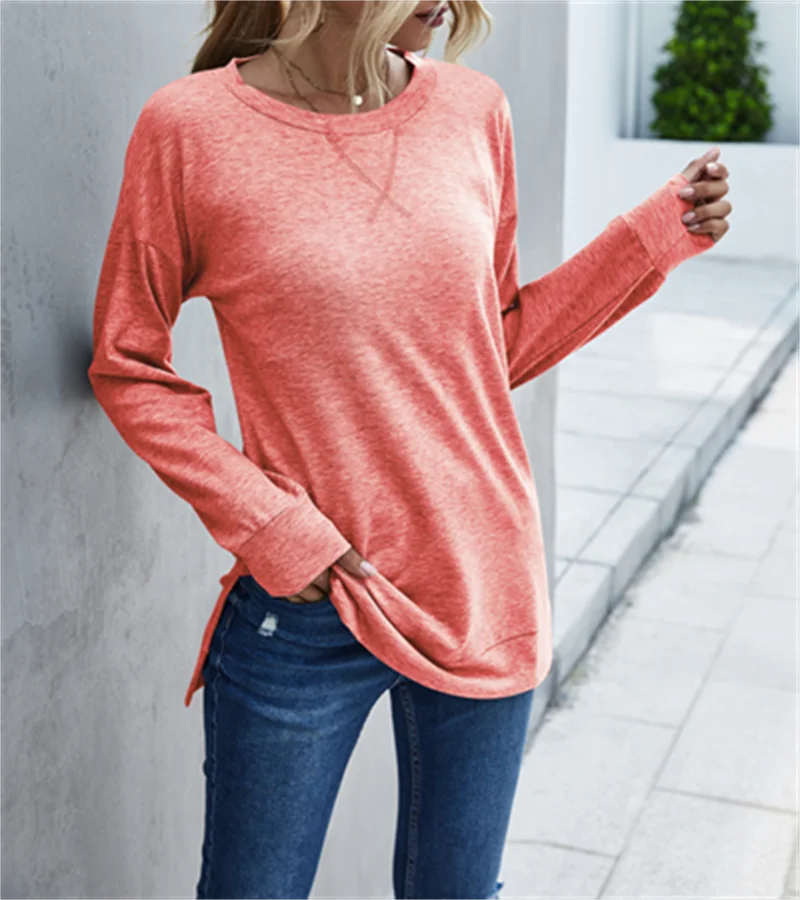 Spring solid color long sleeved round neck t-shirt shirt chest cross hem slit long-sleeved shirt