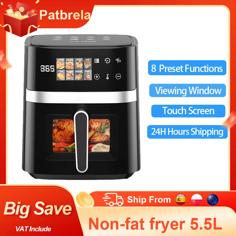 Patbrela Friteuse à air 5,5 L Four chaud électrique 8 en 1 avec écran LED numérique Fenêtre visible Max 200 ° C 1350W Nouvelle Friteuse No Graisse Noire