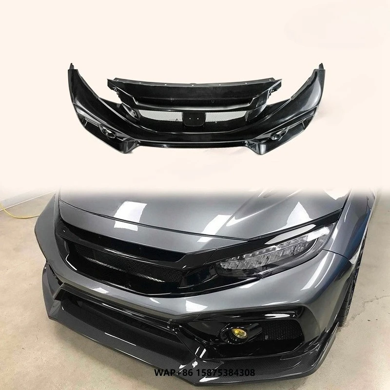 For HONDA Fiber Glass 17-19 Civic Type R FK8 VRSAR2 Style Front Bumper 2Pcs (with Emblem Base)