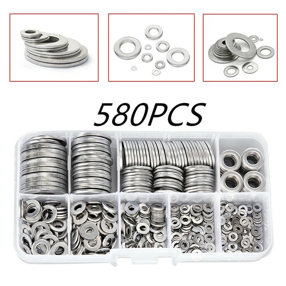 

580pcs Stainless Steel Flat Bottom Metal Washer Fastener Box Screw Bolt Flat Washer Kit m2-m12