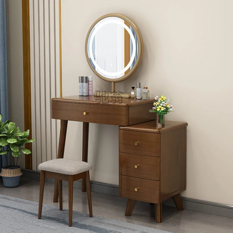 Full solid wood dressing table, bedroom, small unit, modern, simple, multi-functional, retractable makeup table, storage cabinet