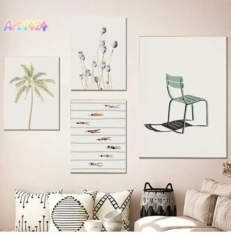 Minimalist Beach Ocean Floral Wall Art, Sailboat Canvas Painting, Pool Posters & Prints, Pictures for Living Room Decor