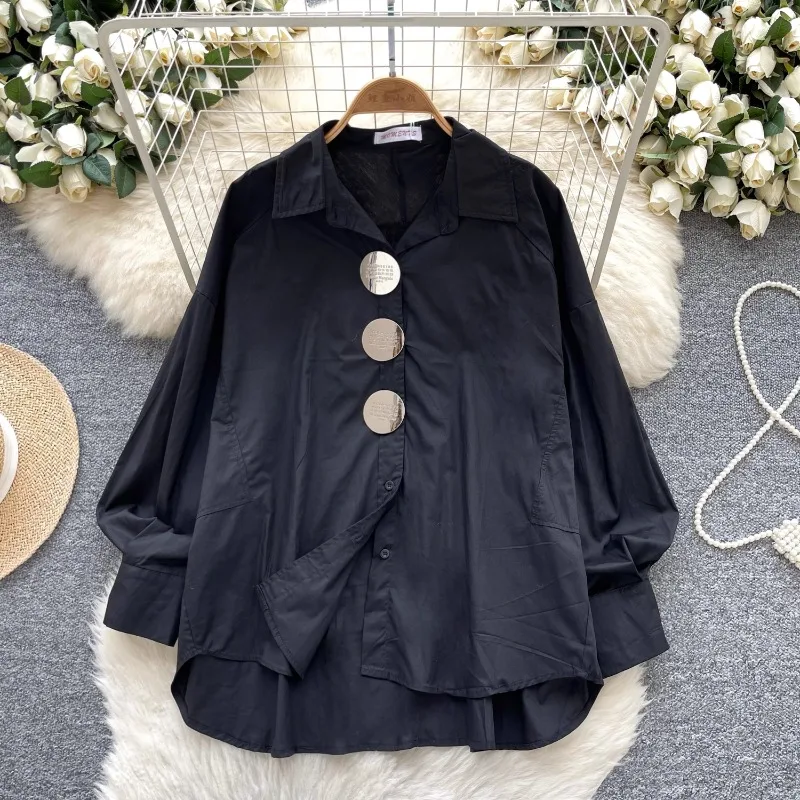 

SuperAen European and American High-end Lapel Long-sleeved Shirt Women's Summer Metal Buckle Loose Chic Shirt