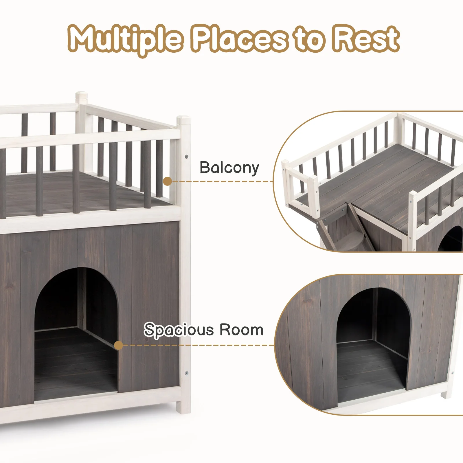 72 * 56 * 65cm 2-story cat house with ladder gray+white cedar wood cat and dog house