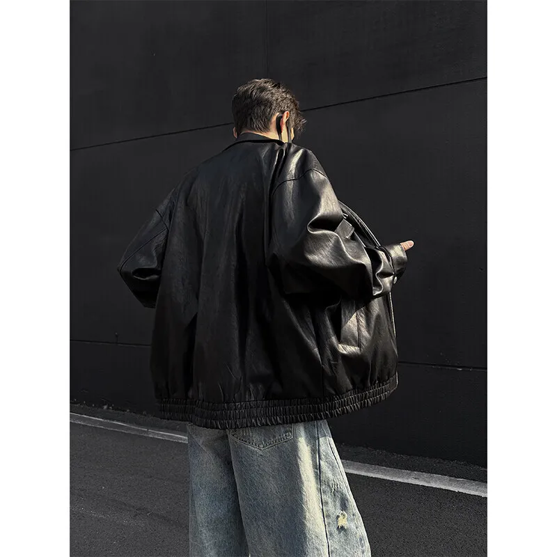 Black Leather Jacket Men Retro Pocket Motorcycle Jacket Men Streetwear Hip-hop Loose Bomber Jacket Mens Brown Cargo Jackets