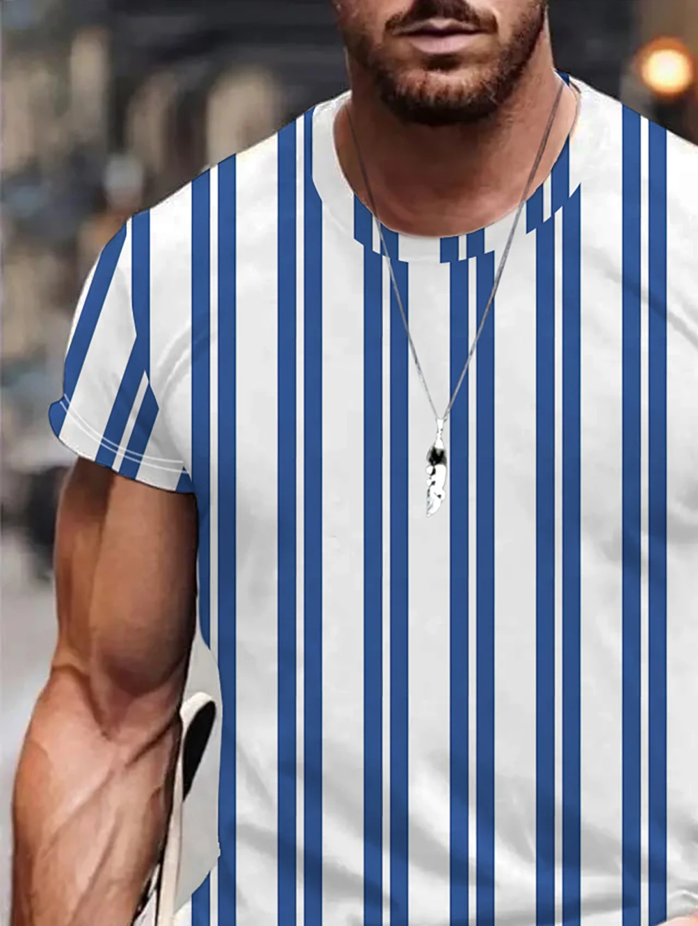 Men's round neck casual T-shirt 3D digital printing short sleeve blue stripe printing short sleeve cross-border