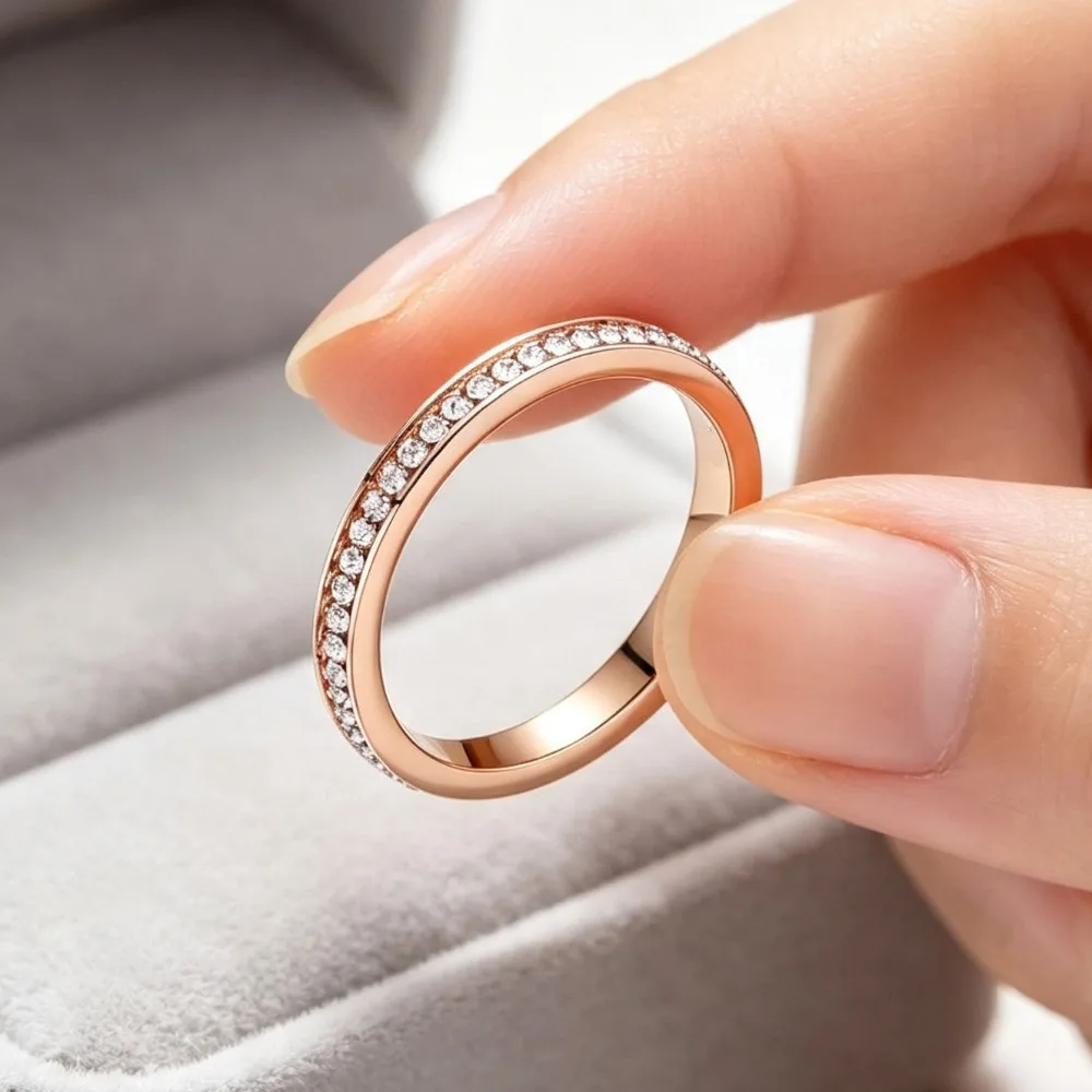 Women Stainless Steel Wedding Ring, Thin 2mm Band Inlaid Cubic Zirconia Gold Silver Fashion Finger Jewelry