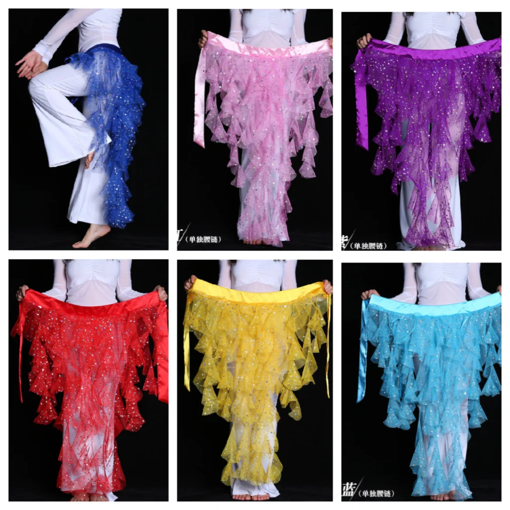 Free Ship 7 Colors Sexy Belly Dance Hip Scarf Belt Waves Tassel Skirt Belly Dance Costume Women Sequins Shawl Veil Scarf Scarve