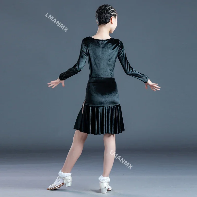 Latin Dance Dress Girls Autumn Winter Training Clothes Velvet Split Skirt Children Long Sleeve Suit Professional Dance Clothes