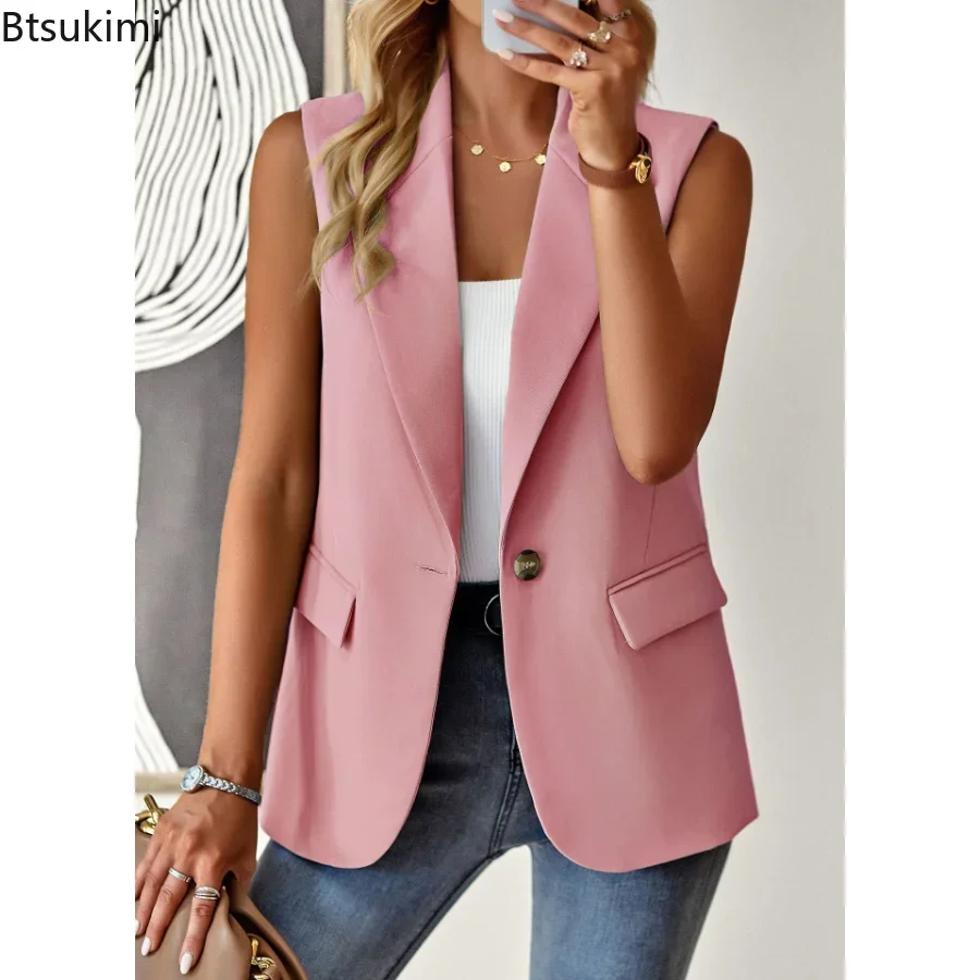 Vests for Women Single Button Lapel Collar Vest Blazer Sexy Sleeveless Solid Colors Sleeveless Korean Vest Business Jacket Coat