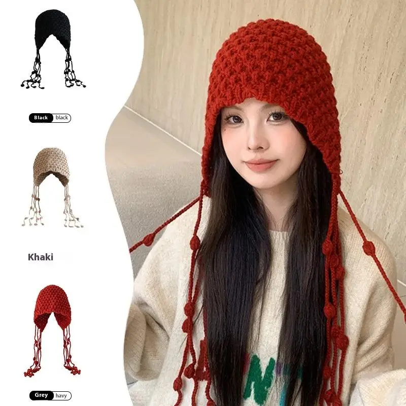 

Handmade Fashion Thickened Baotou Hat Autumn And Winter Ball Tassel Ear Protection Strap Hat Mesh Red Knitted Woolen Hat