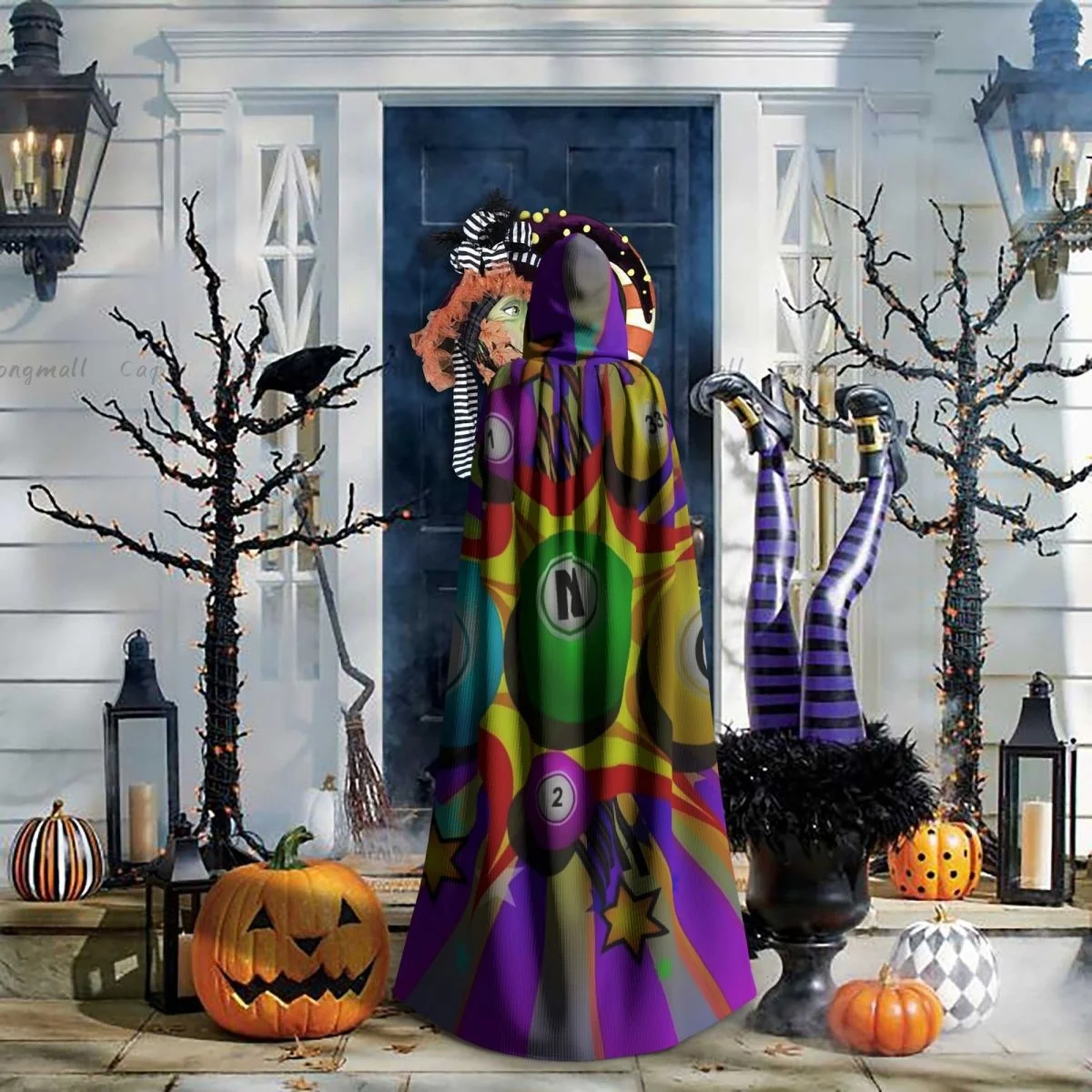 الساحرة عباءة البنغو الملونة طباعة زي الهالوين التأثيري للجنسين الكبار عباءة الرجعية العصور الرأس #6