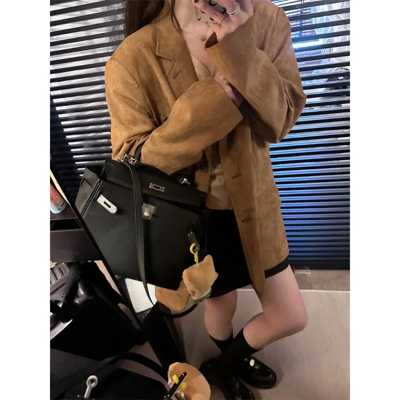 UNXX Spring Autumn British Style Short Suede Blazer Suit Coats Vintage Casual Solid Color Loose Distressed Blazer Women Clothing