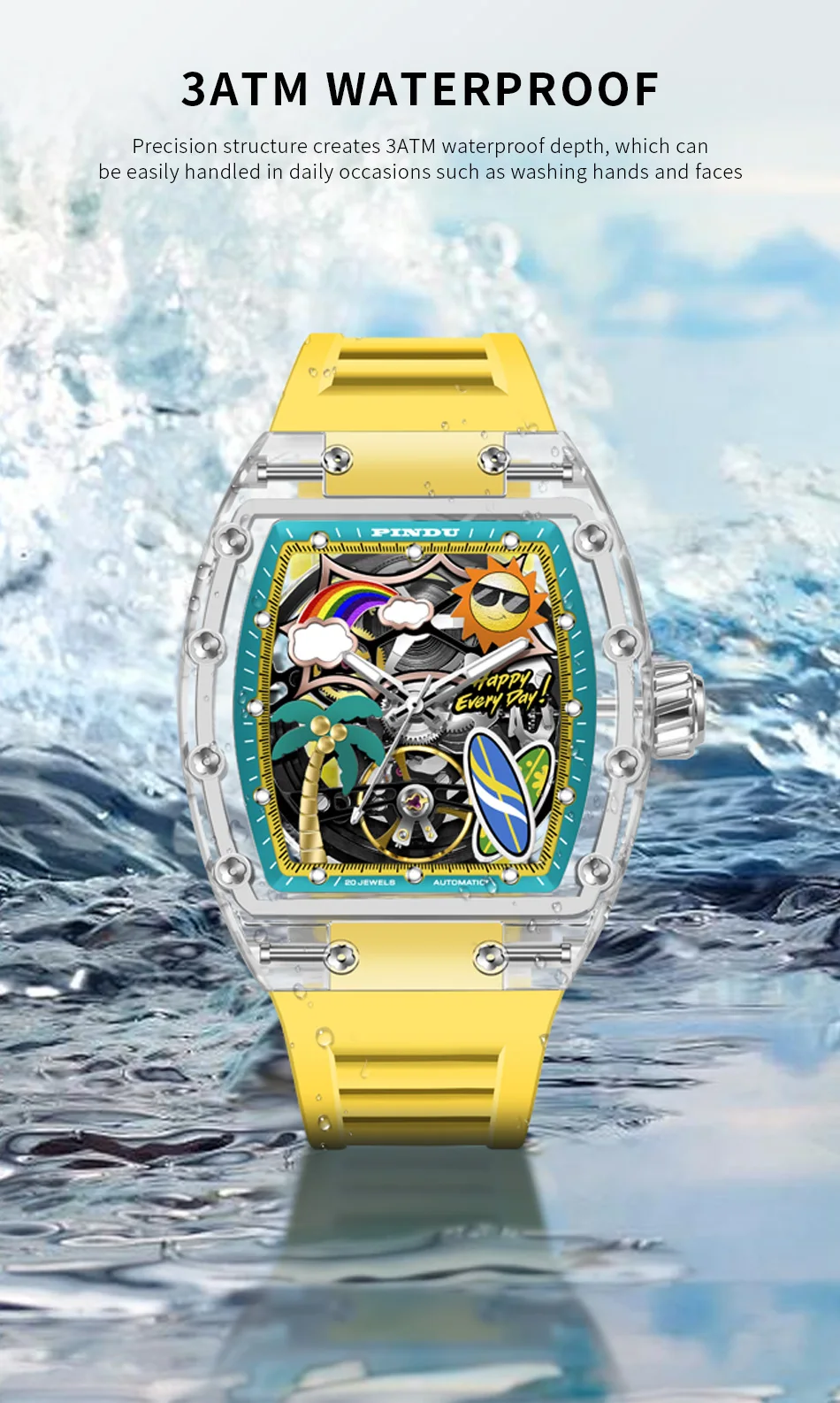 Neue PINDU Uhr mit einzigartigem Zifferblattdesign, mechanische Uhr für Herren, Sommer-Strandmode-Uhr, leuchtend, wasserdicht, mit Harz-Silikonarmband. – Detail 7