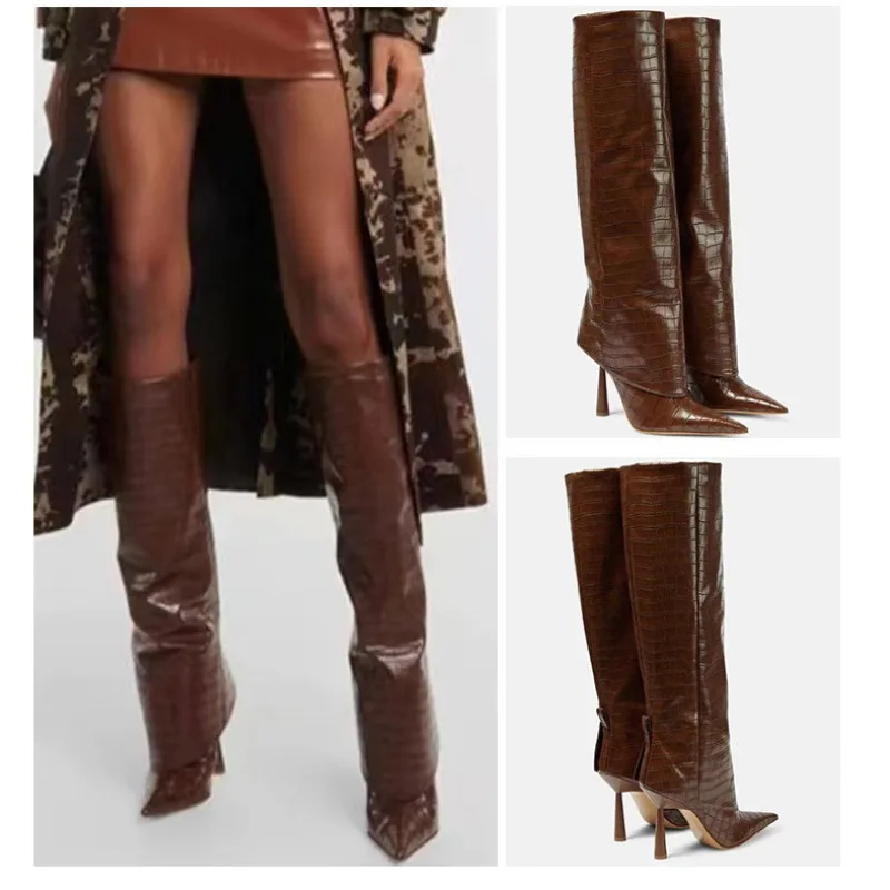 

New Stone Pattern Pointed Narrow Heel Skirt Boots European American Fashion Elegant Vacation Black Brown Women's Long Boots