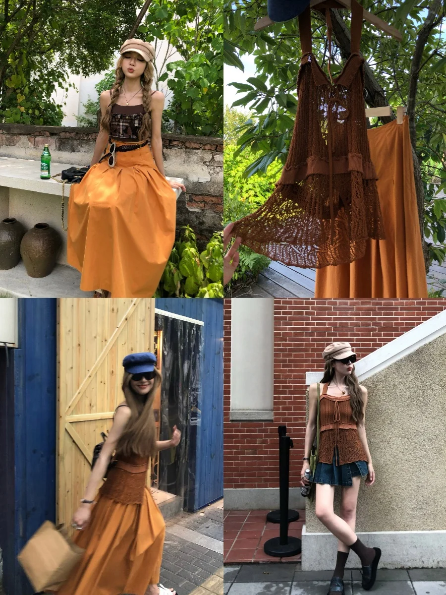 

Вязаный комплект Soolrok Pumpkin: длинное платье и топ на бретелях с дизайнерскими вставками для молодых женщин, лето 2023