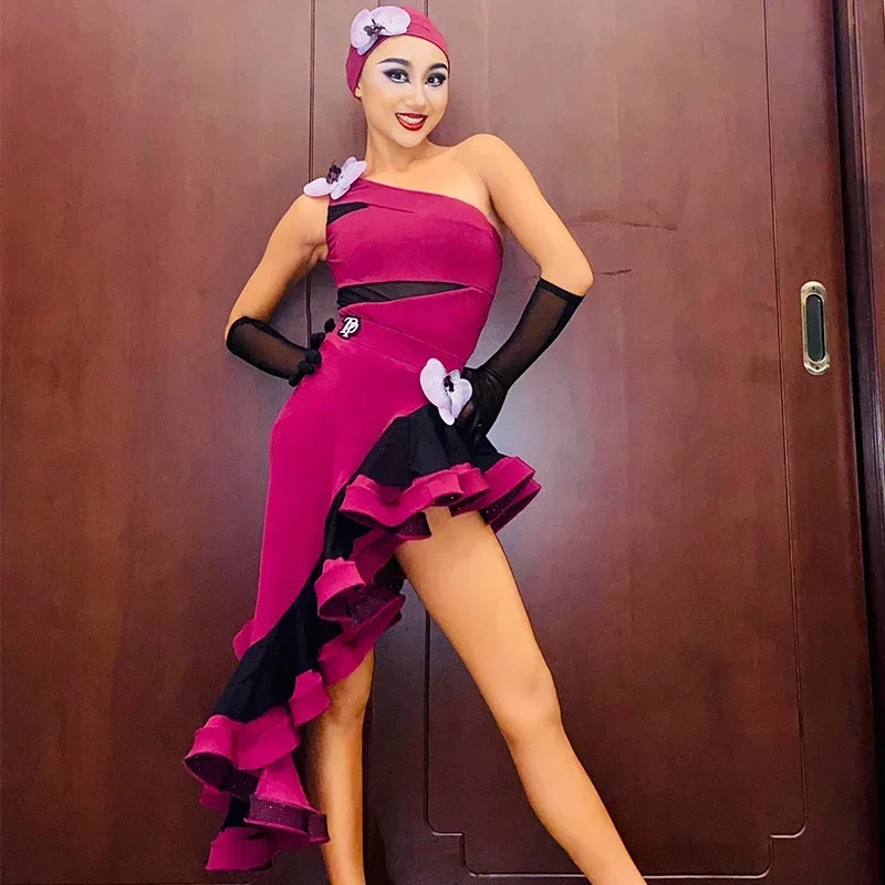 

New Latin Dance Performance Costume Oblique Shoulder Flower Dress Rumba Dance Dress Adult Latin Competition Clothing DNV19044
