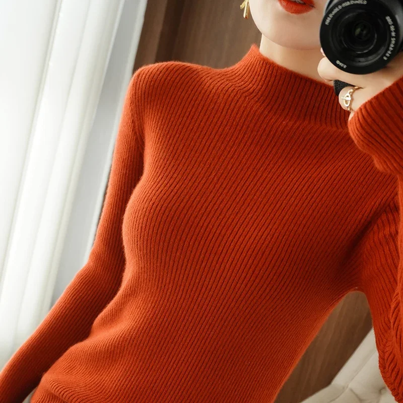 2024 Autumn Winter Thick Warm Sweater Women Slim Fit Half High Collar Sweater Korean Solid Green Casual Basic Pullover Knitwear