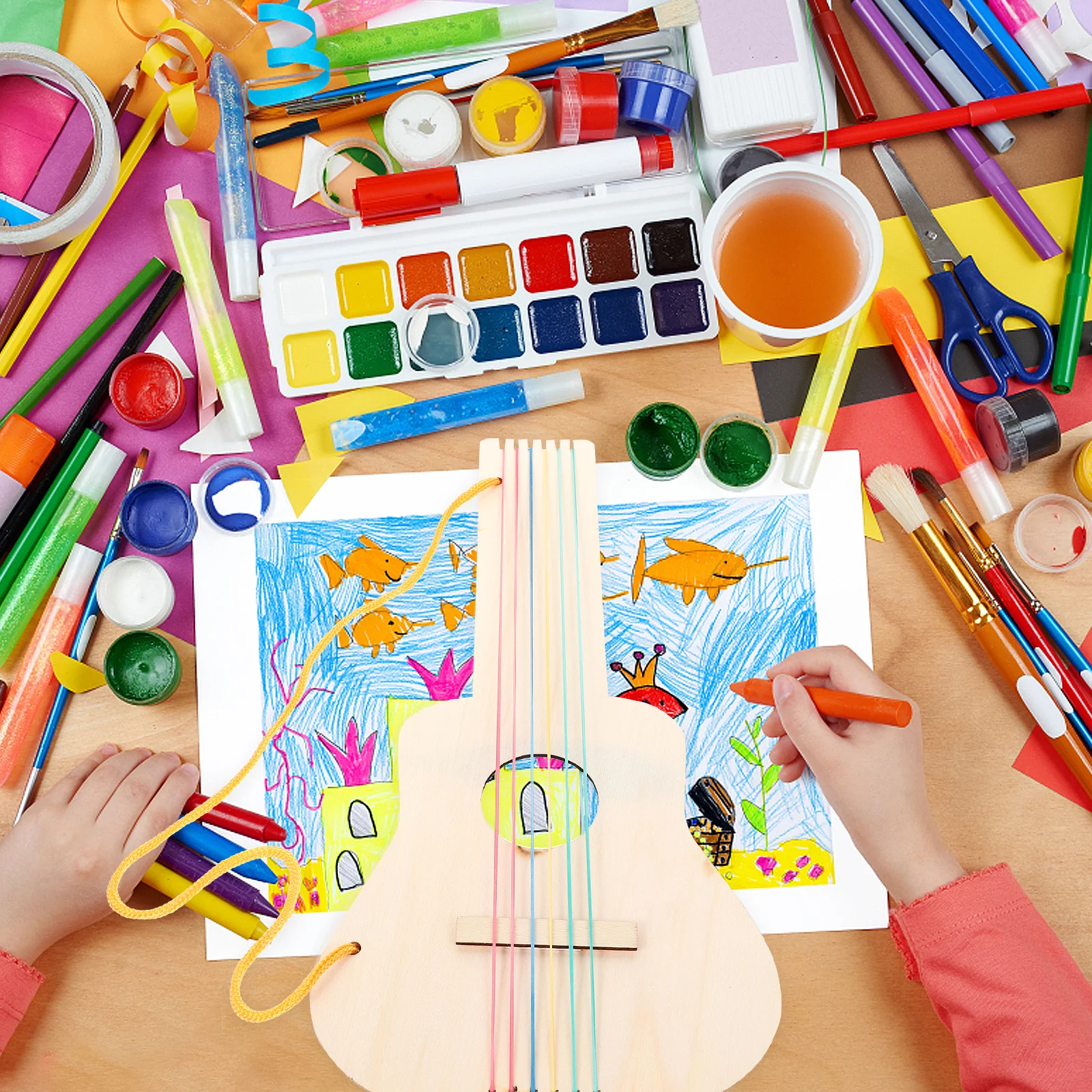 4Sets DIY Children's Wooden Guitar Unfinished Blank Wood Guitar for Painting Craft Making Musical Instrument Blank Wood Guitar,