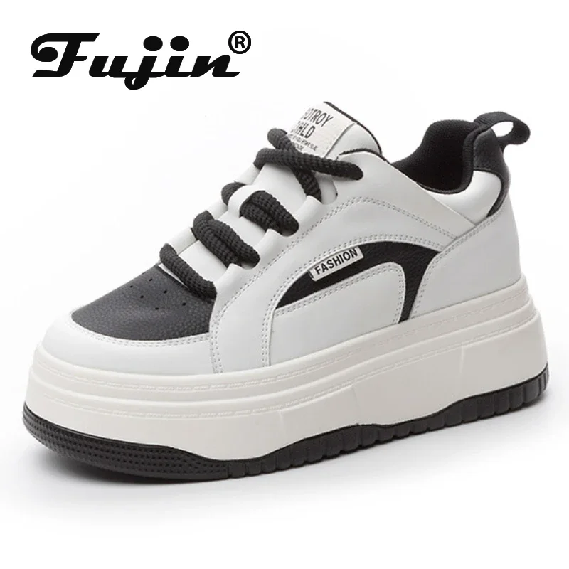 Fujin 7 cm vera pelle vulcanizzata autunno piatto alto marchio estate piattaforma zeppa inverno peluche donna grosso sneaker scarpe primaverili