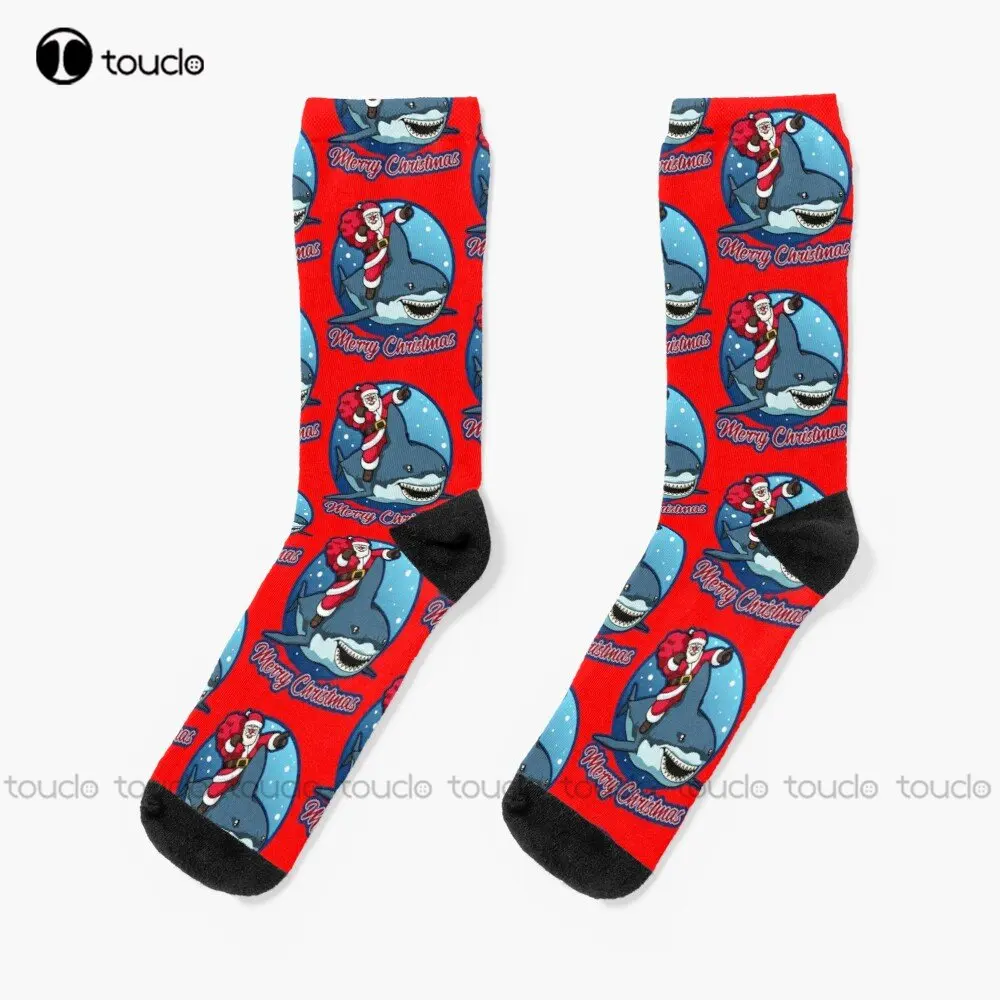 

Santa Claus On A Cute Shark - Merry Christmas! Socks Pink Socks Personalized Custom Unisex Adult Teen Youth Socks Custom Gift