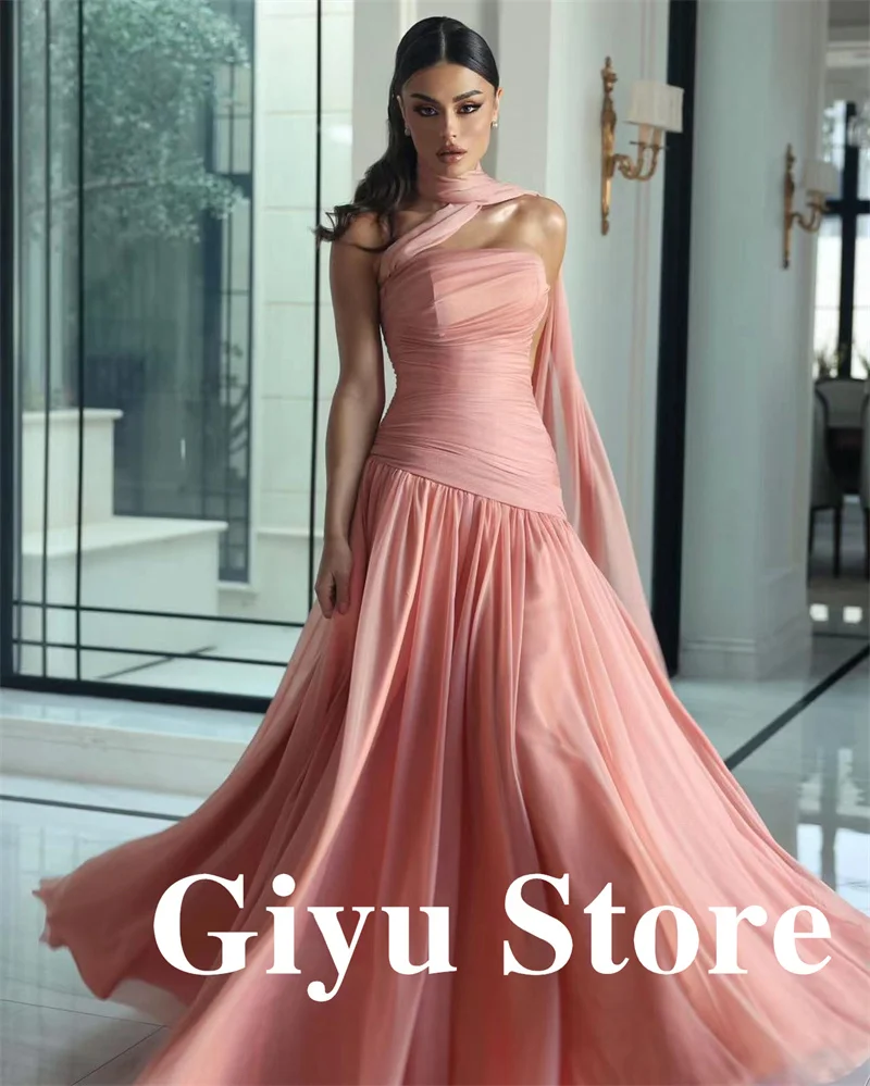 Giyu Elegant Blush Pink Silk Chiffon Evening Dresses With Scalf Pleats Floor Length Wedding Party Guest Women Prom Gowns