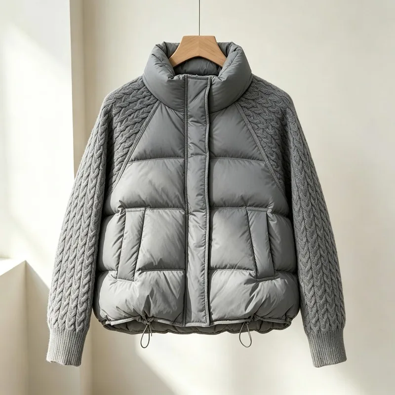 Women Short Cotton Padded Jacket Stand Collar Knit Sleeve Faux Two Piece Coat Autumn Winter Casual Warm Outerwear Drawstring Hem