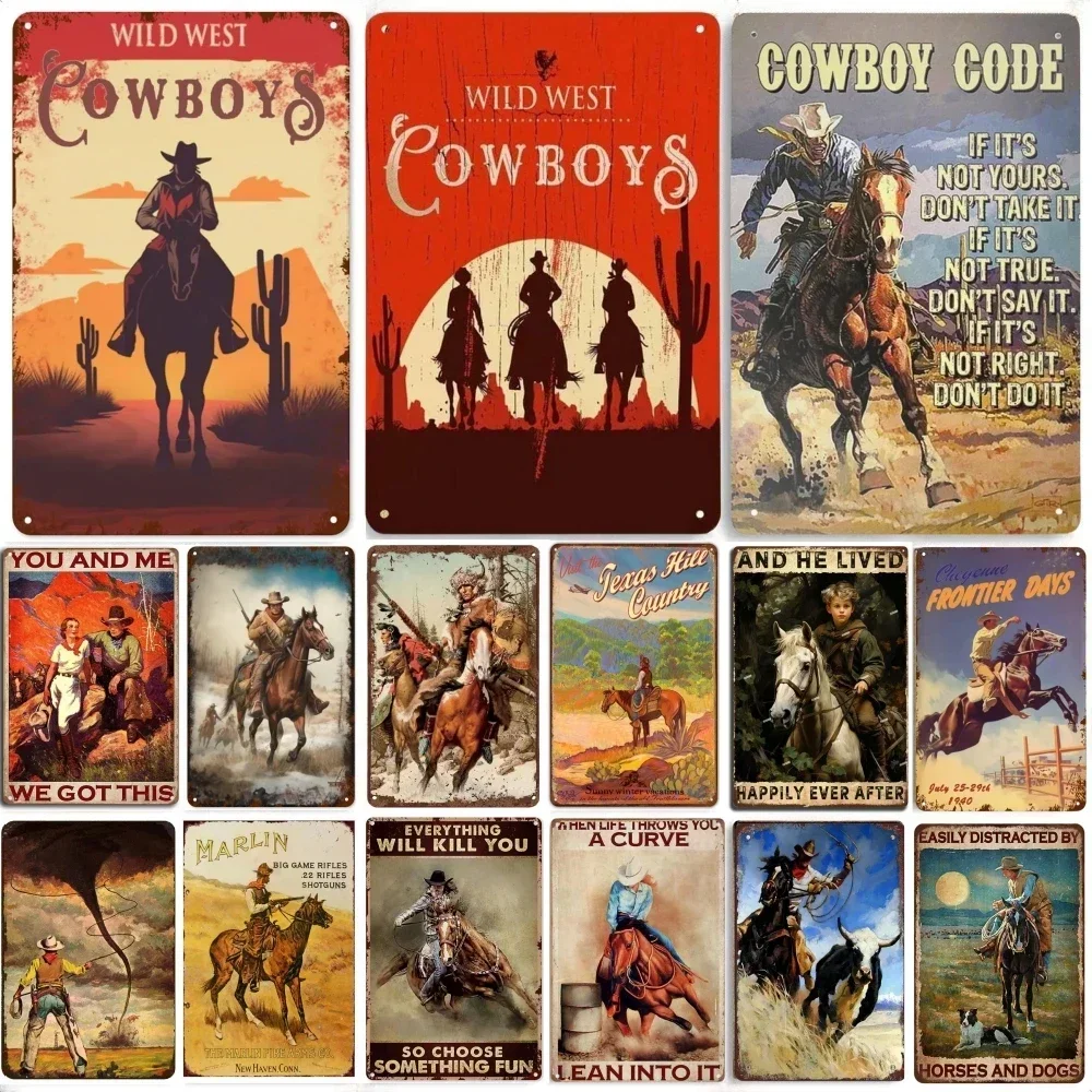 Vintage Cowboys Riding Horses Metal Tin Signs Western Cowboys Metal Posters Wall Art Decor for Home Bars Workshop Club Cafe