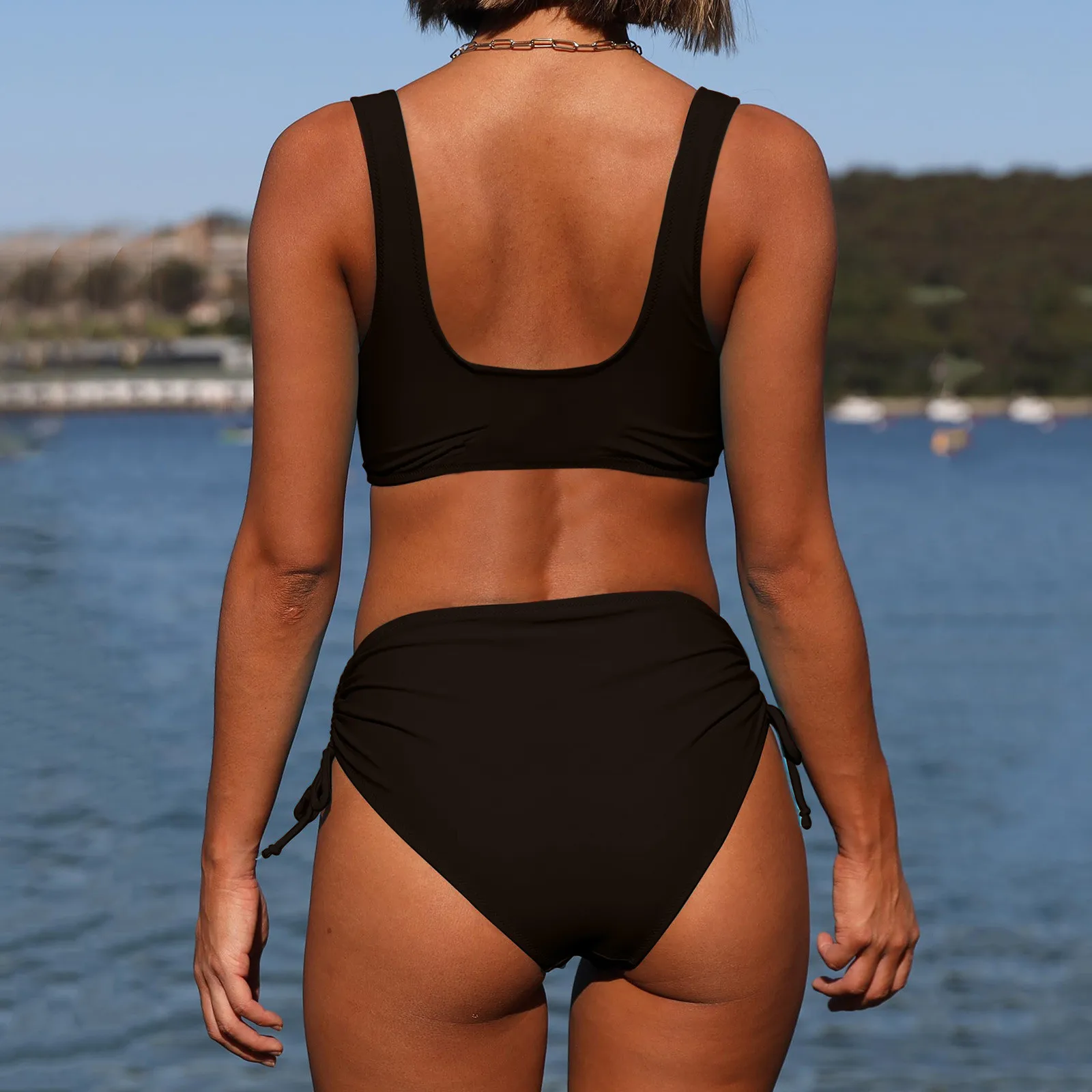 Women High Waisted Bikini Sexy Push Up Two Piece Swimsuits Vintage Swimsuit Two Piece Retro Ruched High Waist Solid Bikini Set